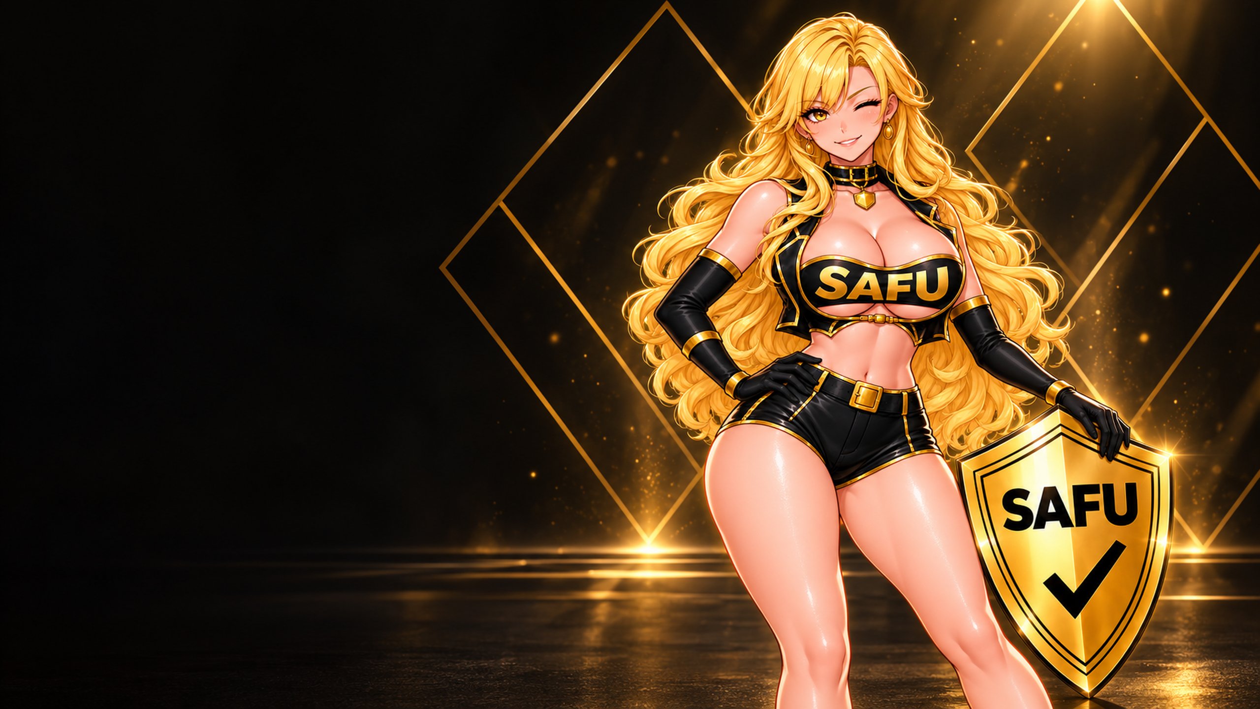 The heroine standing confidently, her shield shining beside her