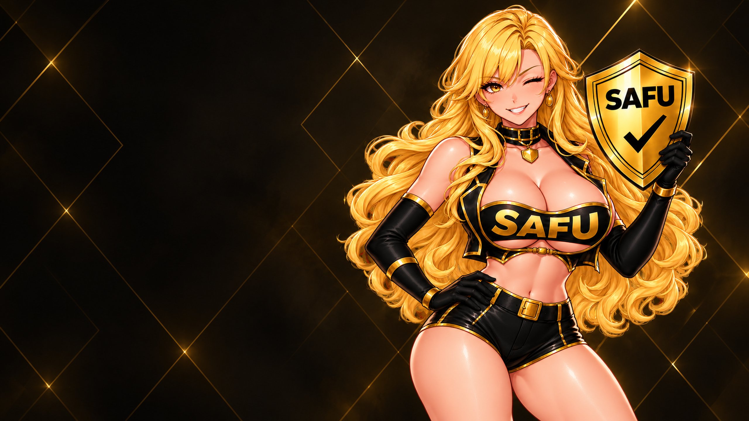 The SAFU heroine winking, holding her gold SAFU shield