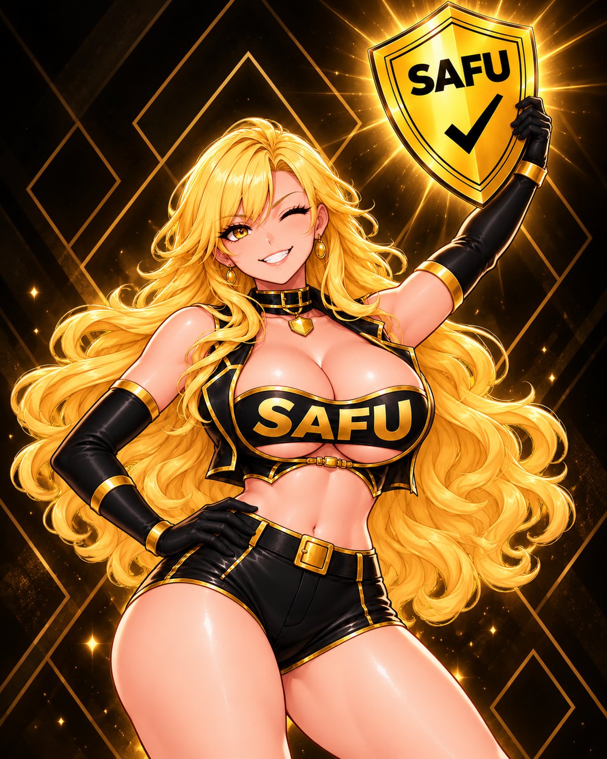 The heroine raising her SAFU shield