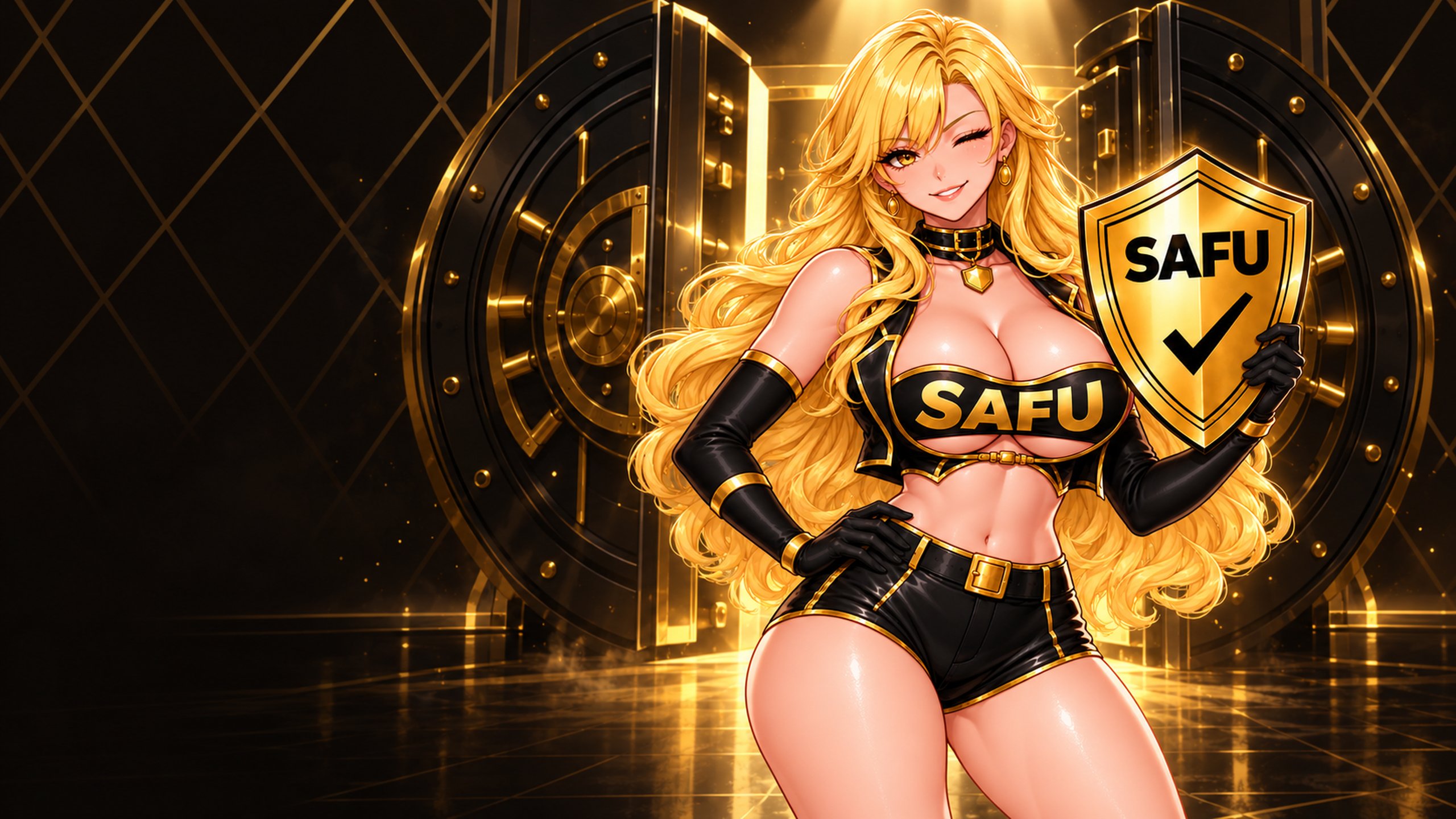 The heroine guarding enormous black-and-gold vault doors