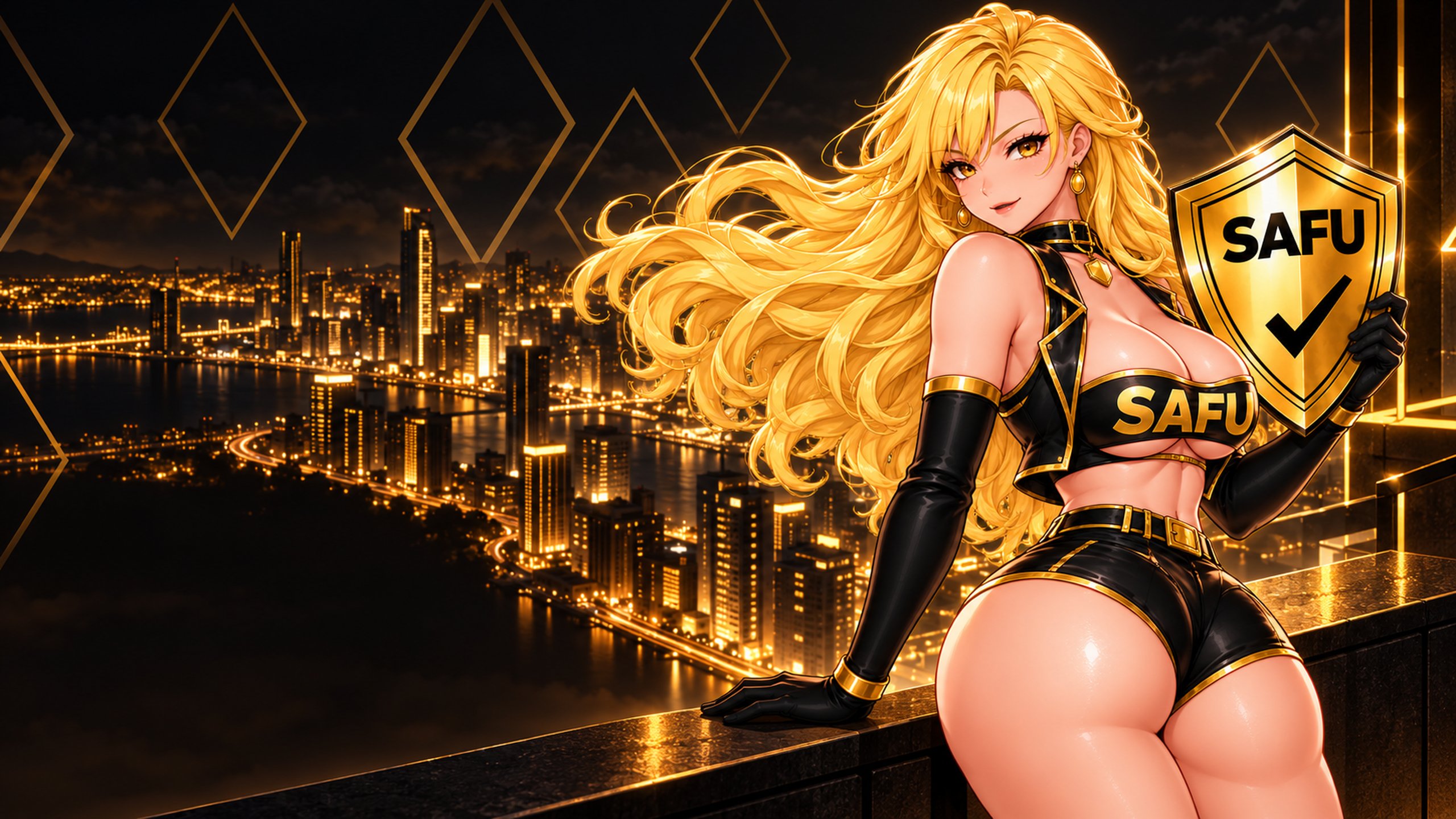 The heroine on a rooftop over a glowing gold city