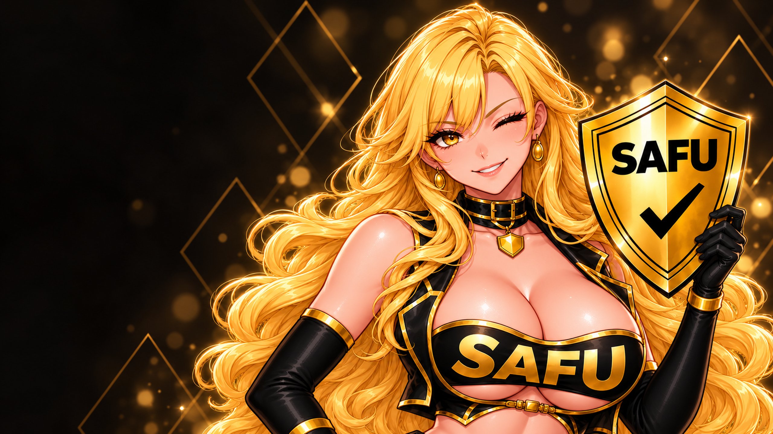 Close-up of the heroine winking beside her glowing shield