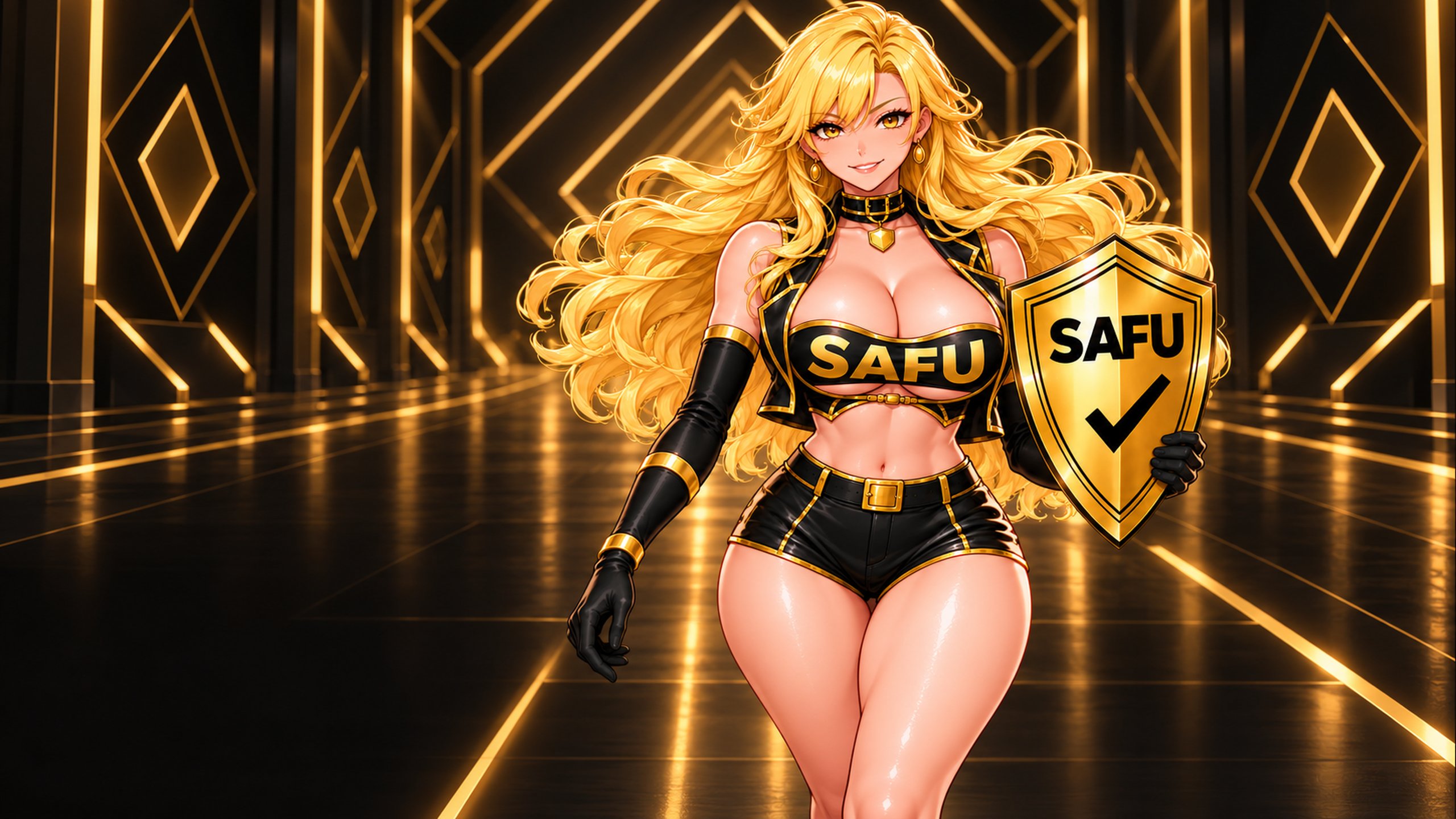 The heroine walking down a corridor of geometric gold lights