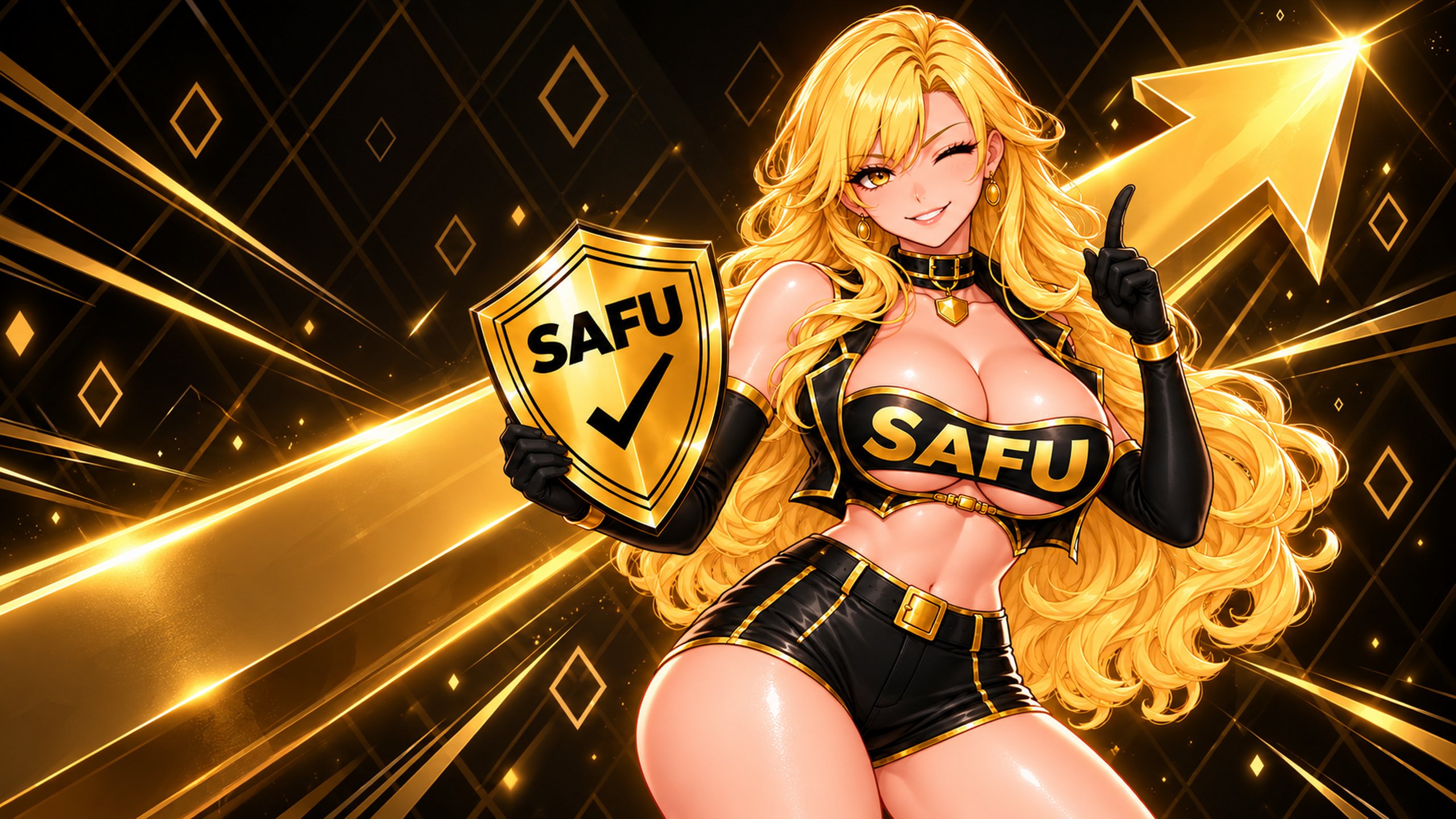 The heroine beside a rising gold arrow with speed lines